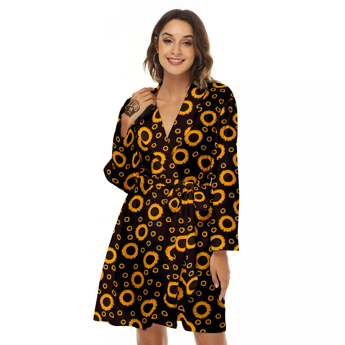 Sunflower Dark Print Pattern Women's Robe-grizzshop