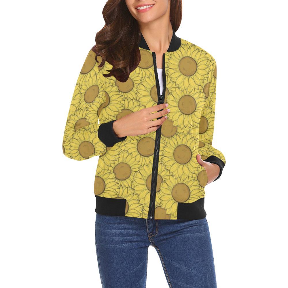 Sunflower Drawing Print Pattern Women Casual Bomber Jacket-grizzshop