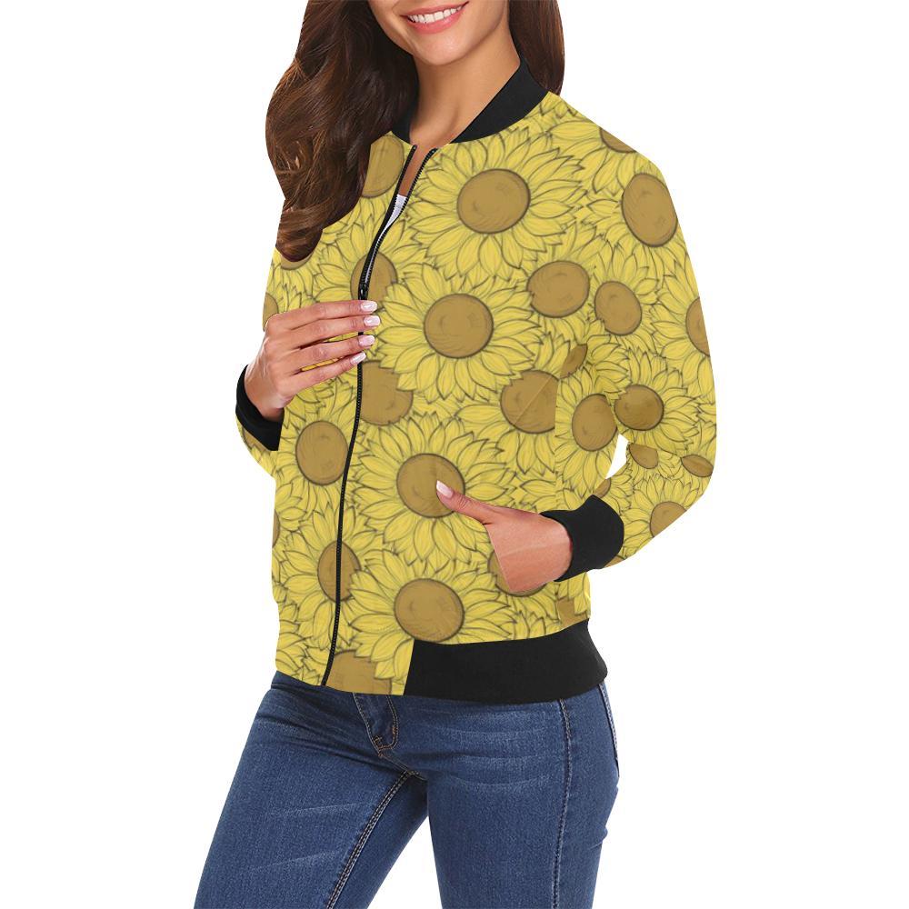 Sunflower Drawing Print Pattern Women Casual Bomber Jacket-grizzshop