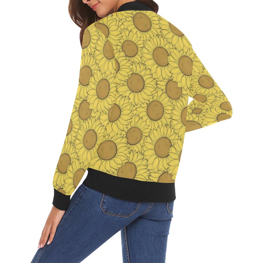 Sunflower Drawing Print Pattern Women Casual Bomber Jacket-grizzshop