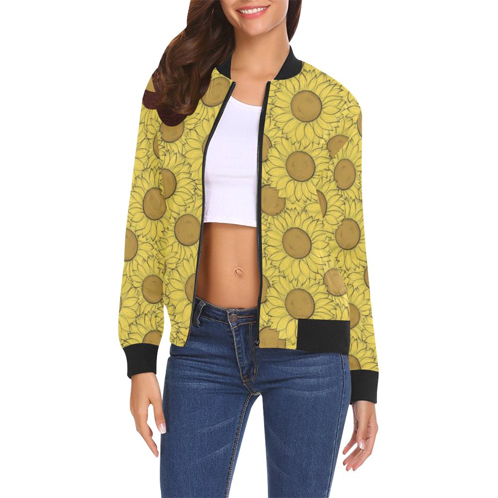 Sunflower Drawing Print Pattern Women Casual Bomber Jacket-grizzshop