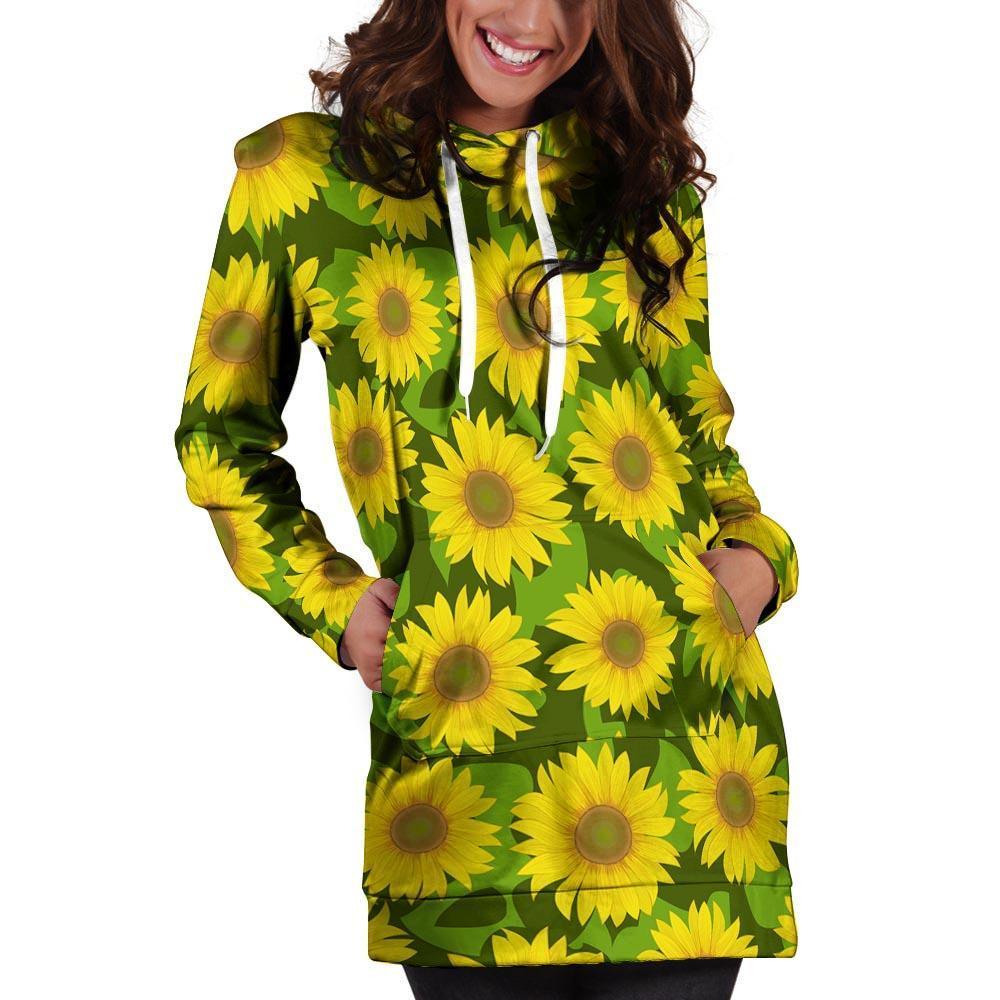 Sunflower Flower Print Hoodie Dress-grizzshop