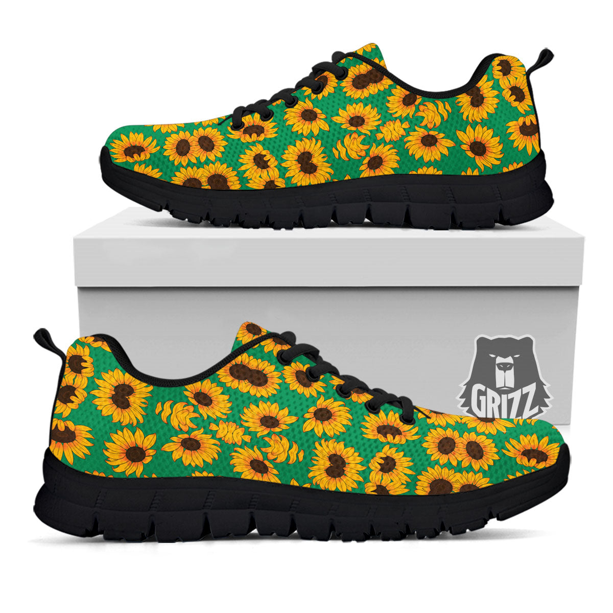 Sunflower Green Print Pattern Black Sneaker-grizzshop