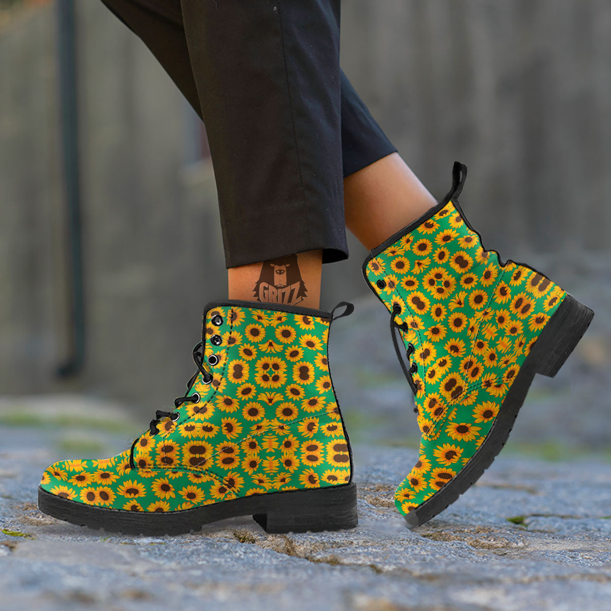 Sunflower Green Print Pattern Leather Boots-grizzshop
