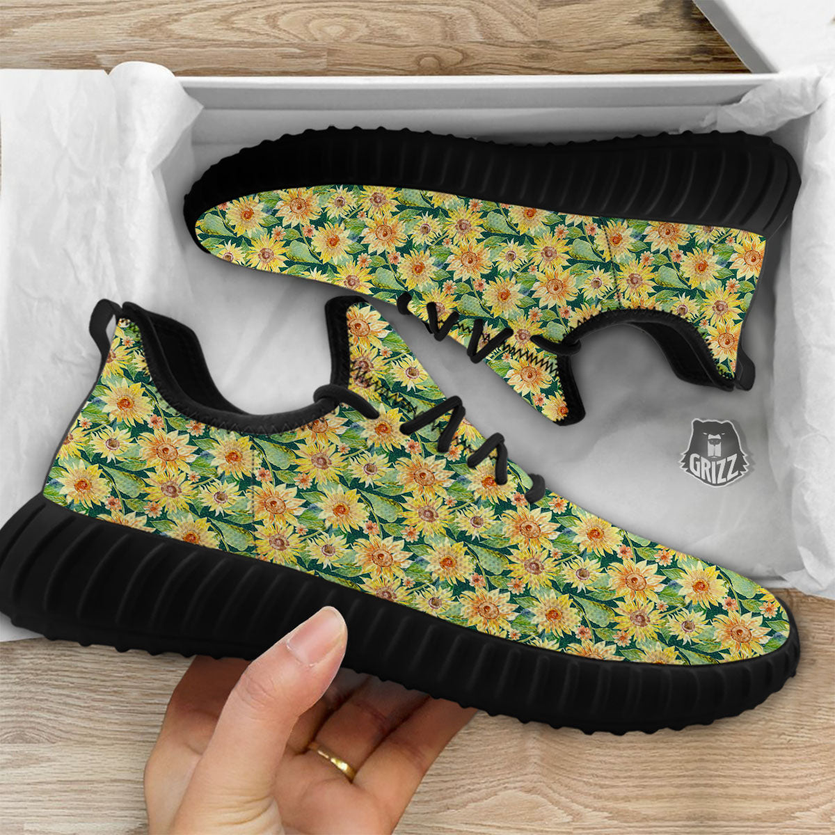 Sunflower Green Watercolor Print Pattern Black Walking Shoes-grizzshop