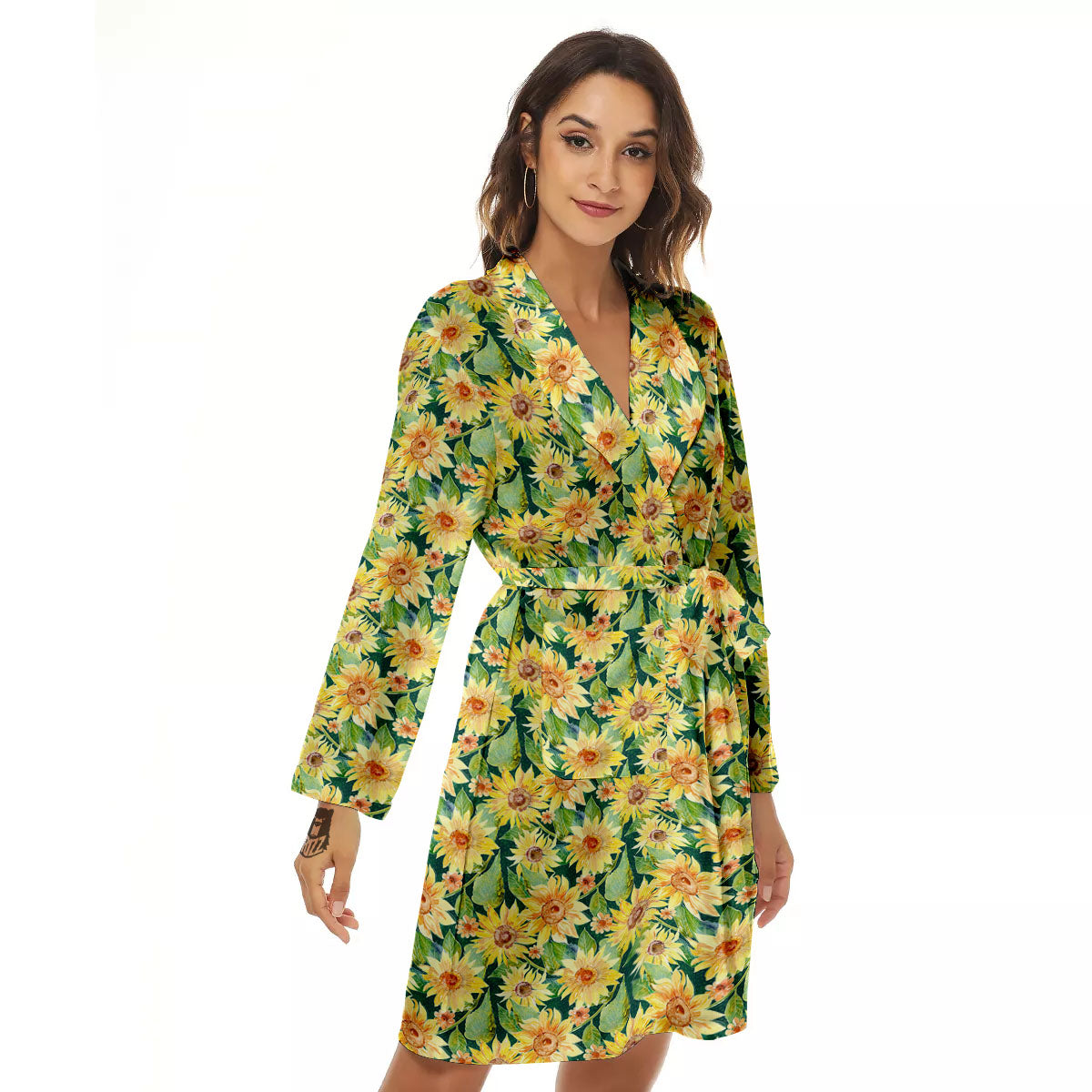 Sunflower Green Watercolor Print Pattern Women's Robe-grizzshop