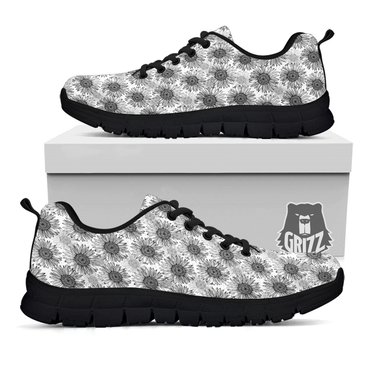 Sunflower Hand Drawn Print Pattern Black Sneaker-grizzshop