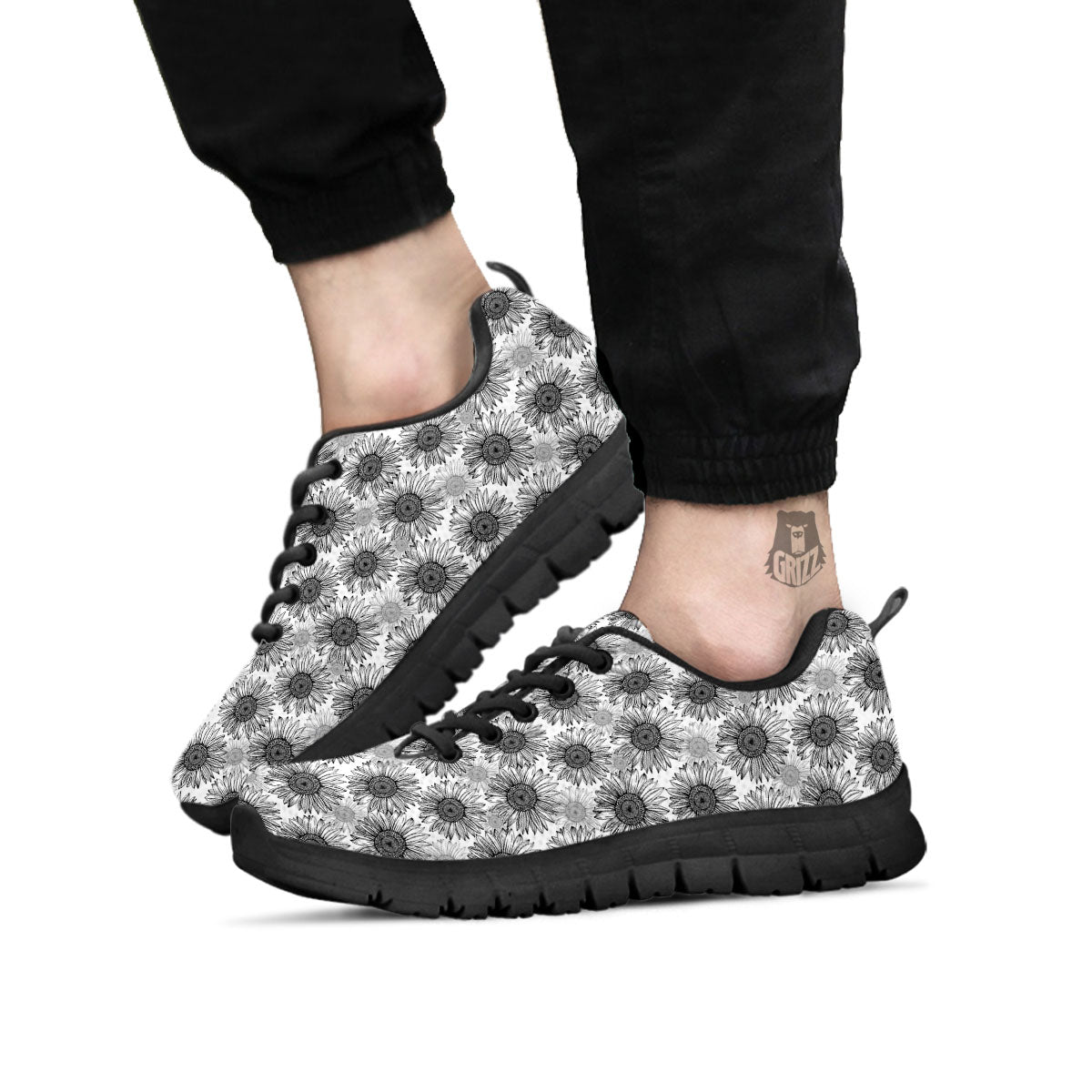 Sunflower Hand Drawn Print Pattern Black Sneaker-grizzshop