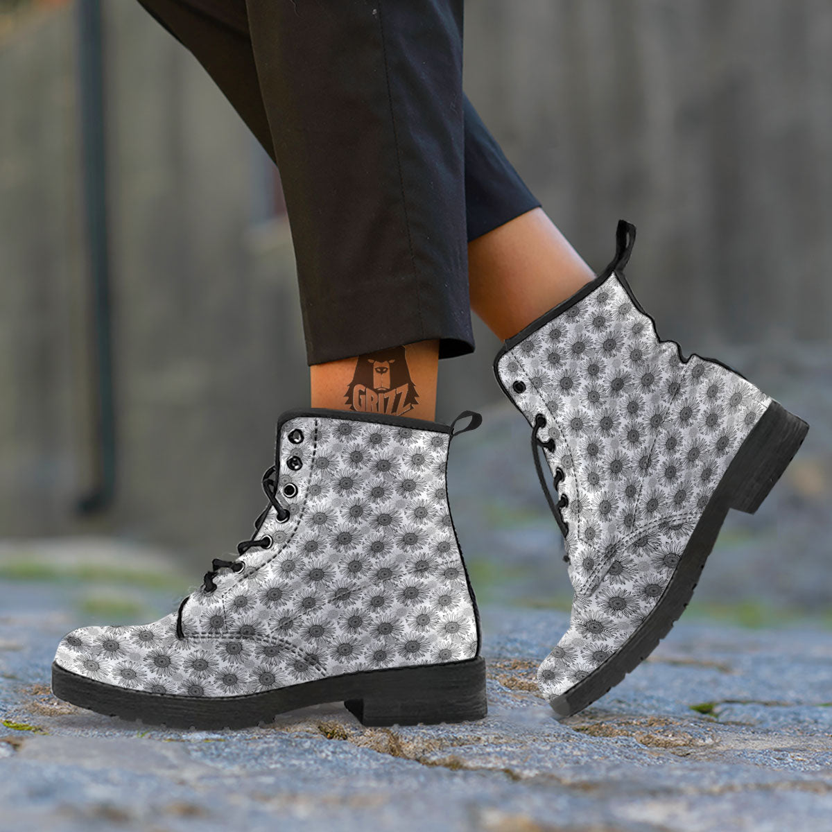 Sunflower Hand Drawn Print Pattern Leather Boots-grizzshop