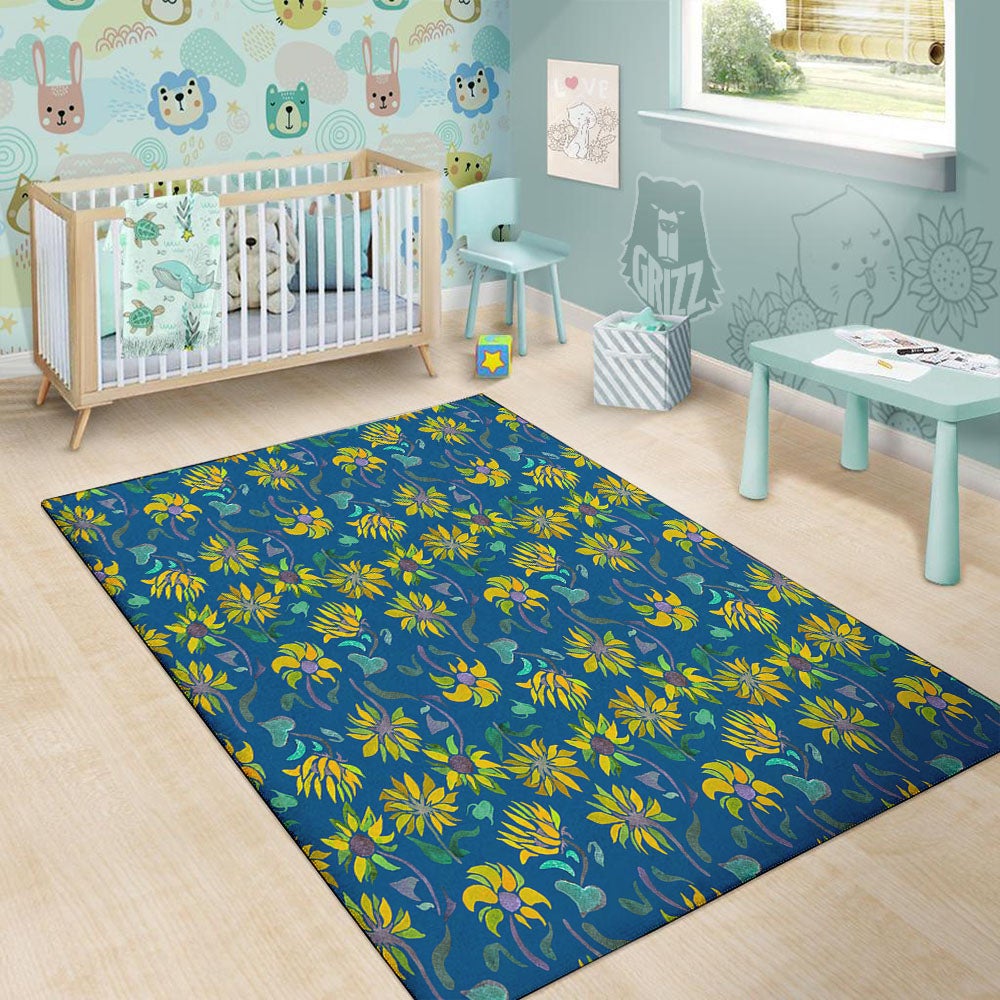 Sunflower Navy Print Pattern Floor Mat-grizzshop