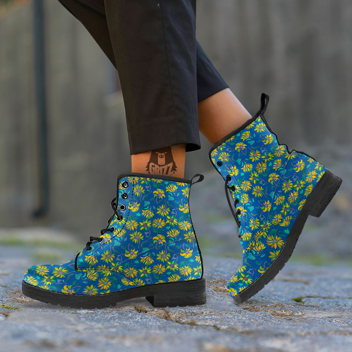 Sunflower Navy Print Pattern Leather Boots-grizzshop
