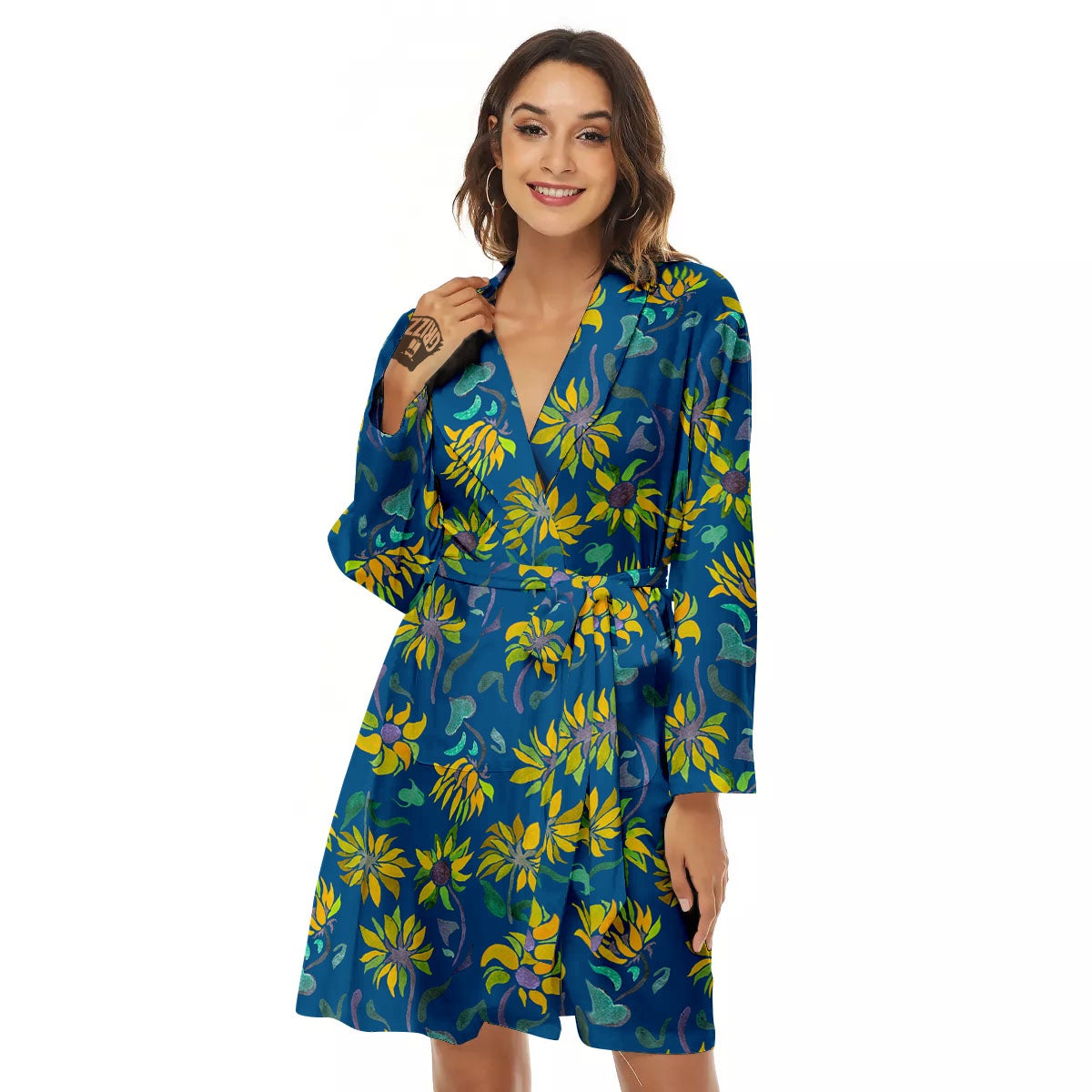 Sunflower Navy Print Pattern Women's Robe-grizzshop