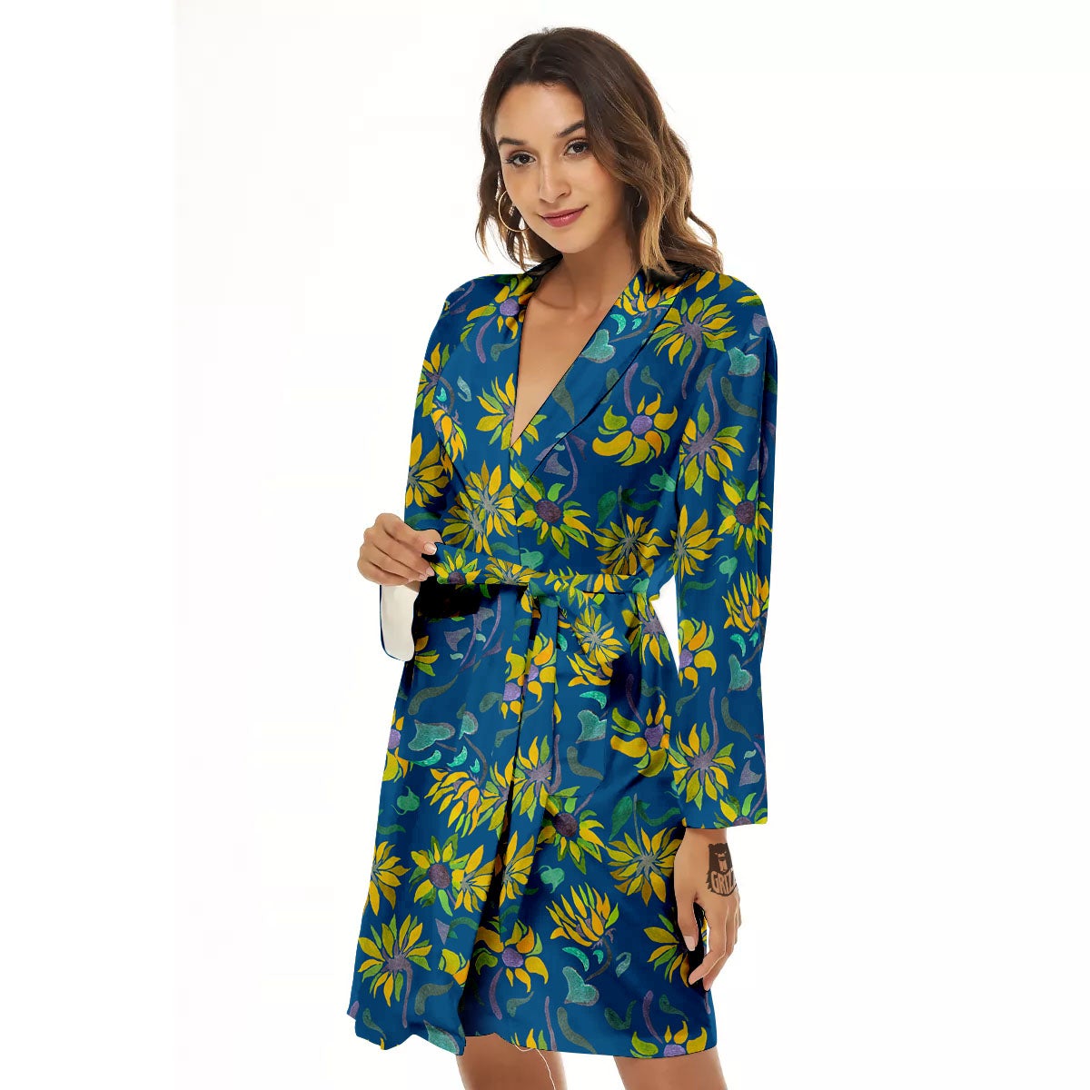 Sunflower Navy Print Pattern Women's Robe-grizzshop