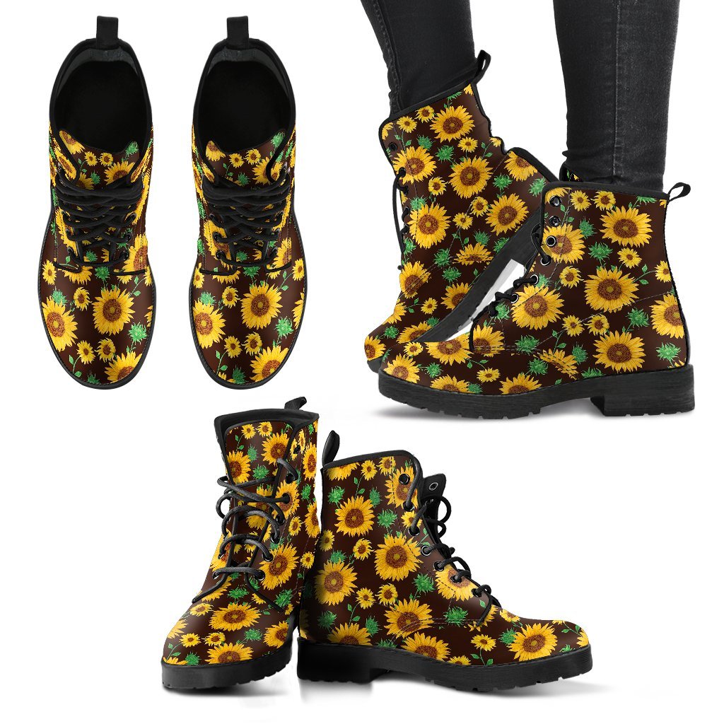 Sunflower Pattern Print Men Women Leather Boots-grizzshop