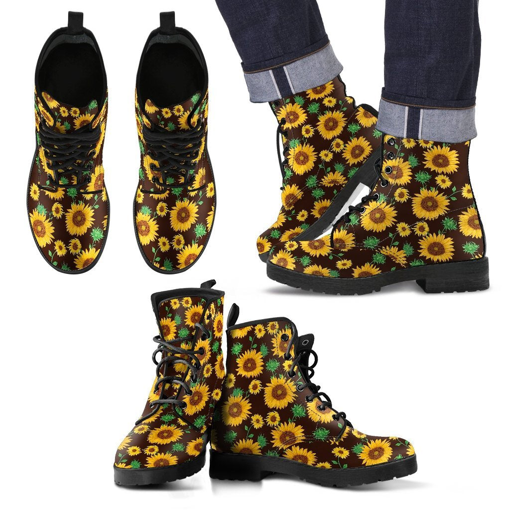 Sunflower Pattern Print Men Women Leather Boots-grizzshop