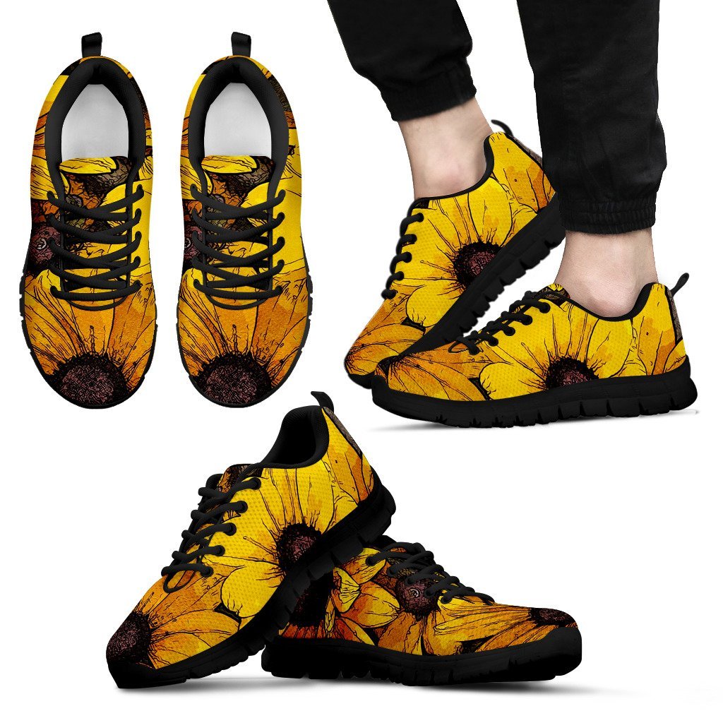Sunflower Print Pattern Black Sneaker Shoes For Men Women-grizzshop