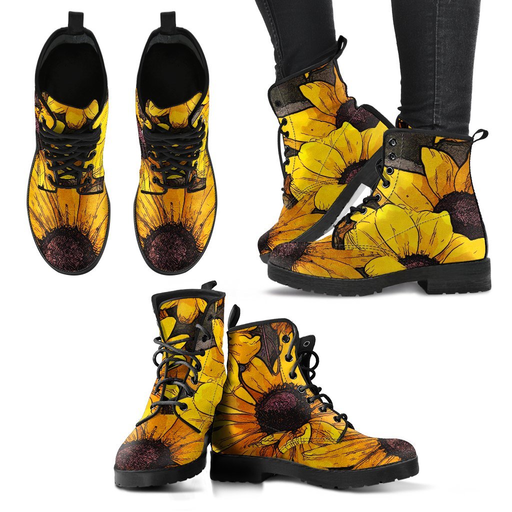 Sunflower Print Pattern Men Women Leather Boots-grizzshop