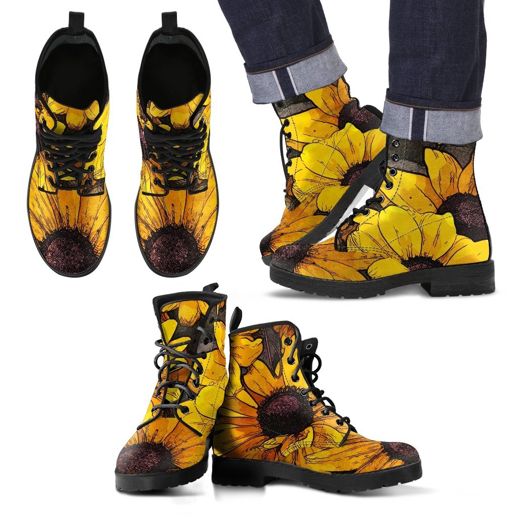 Sunflower Print Pattern Men Women Leather Boots-grizzshop