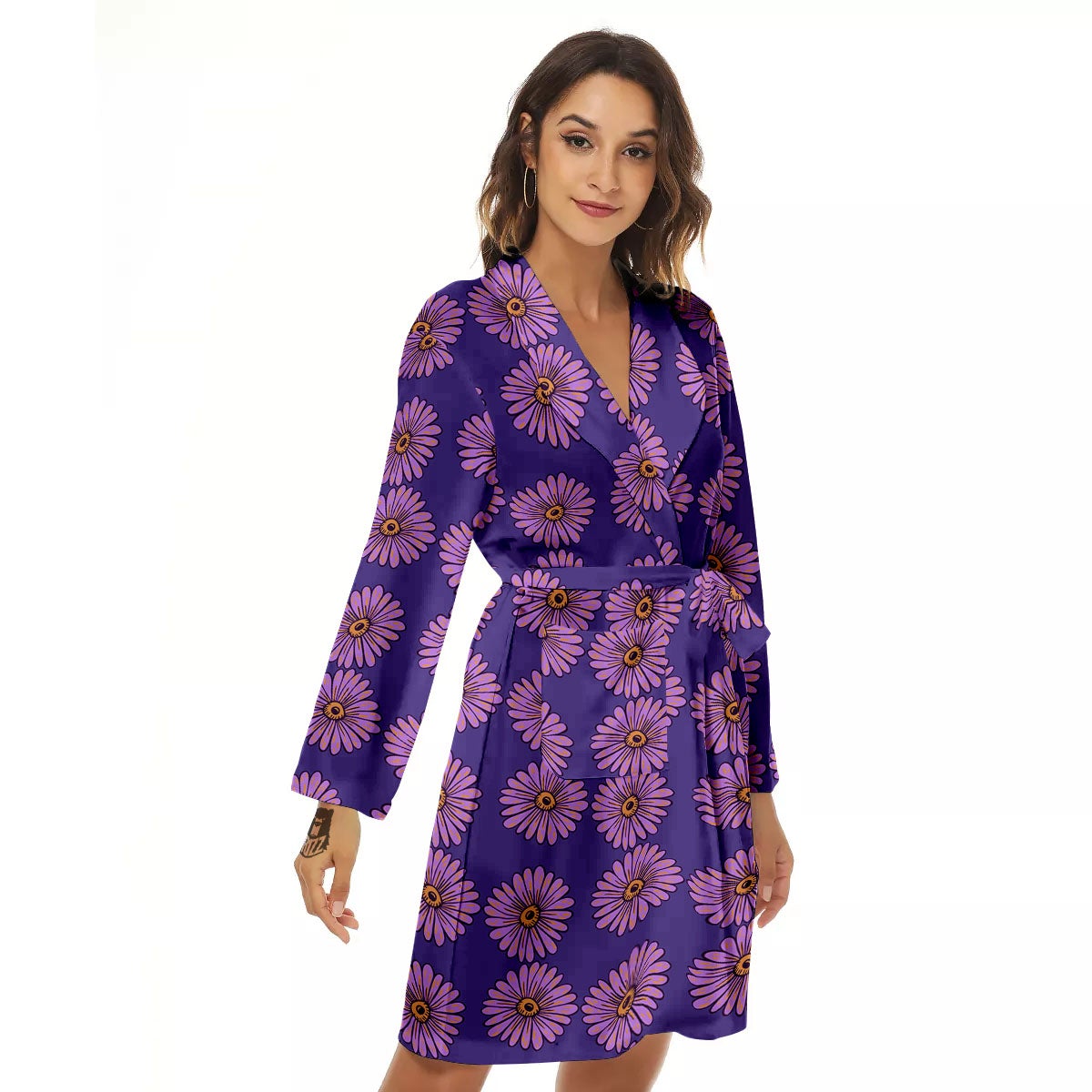 Sunflower Purple Print Pattern Women's Robe-grizzshop