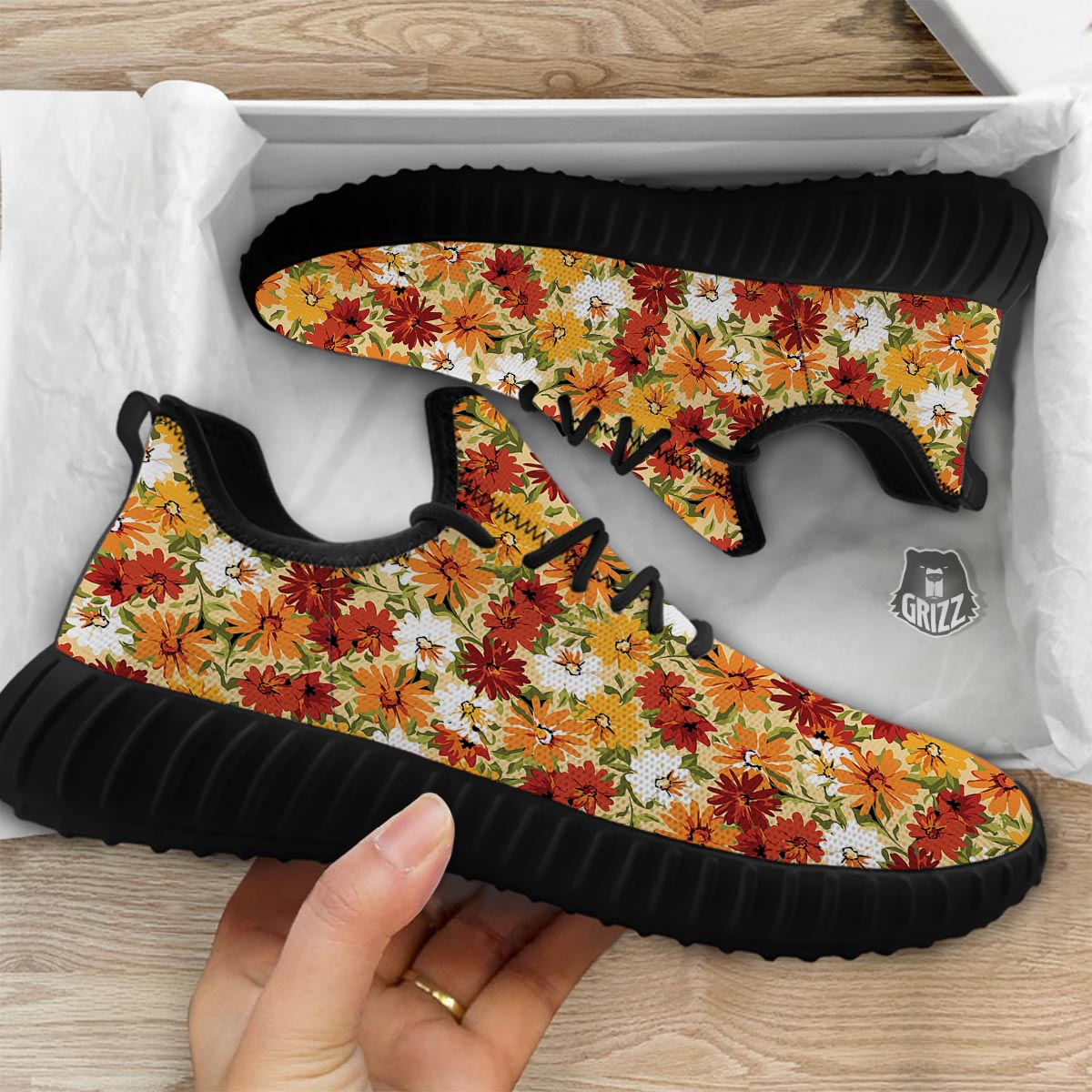 Sunflower Red Print Pattern Black Walking Shoes-grizzshop