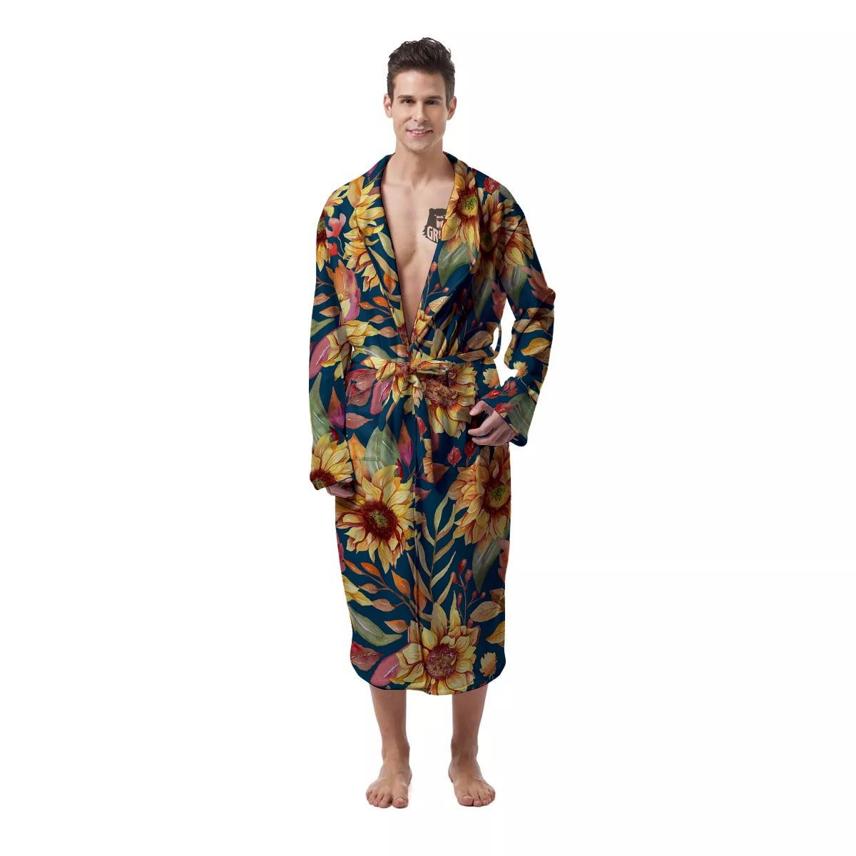 Sunflower Sage Watercolor Print Pattern Men's Robe-grizzshop