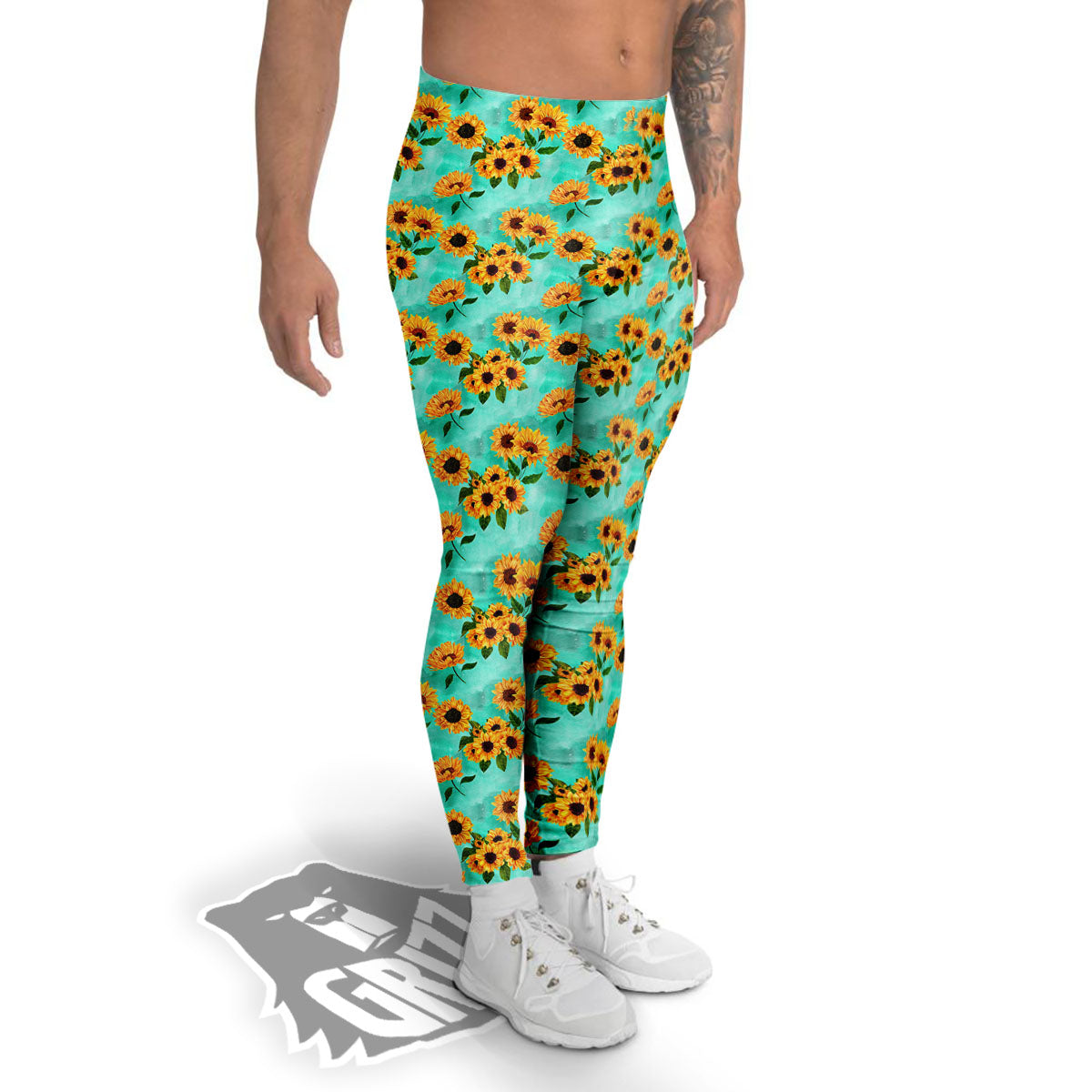 Sunflower Watercolor Blue Print Pattern Men's Leggings-grizzshop
