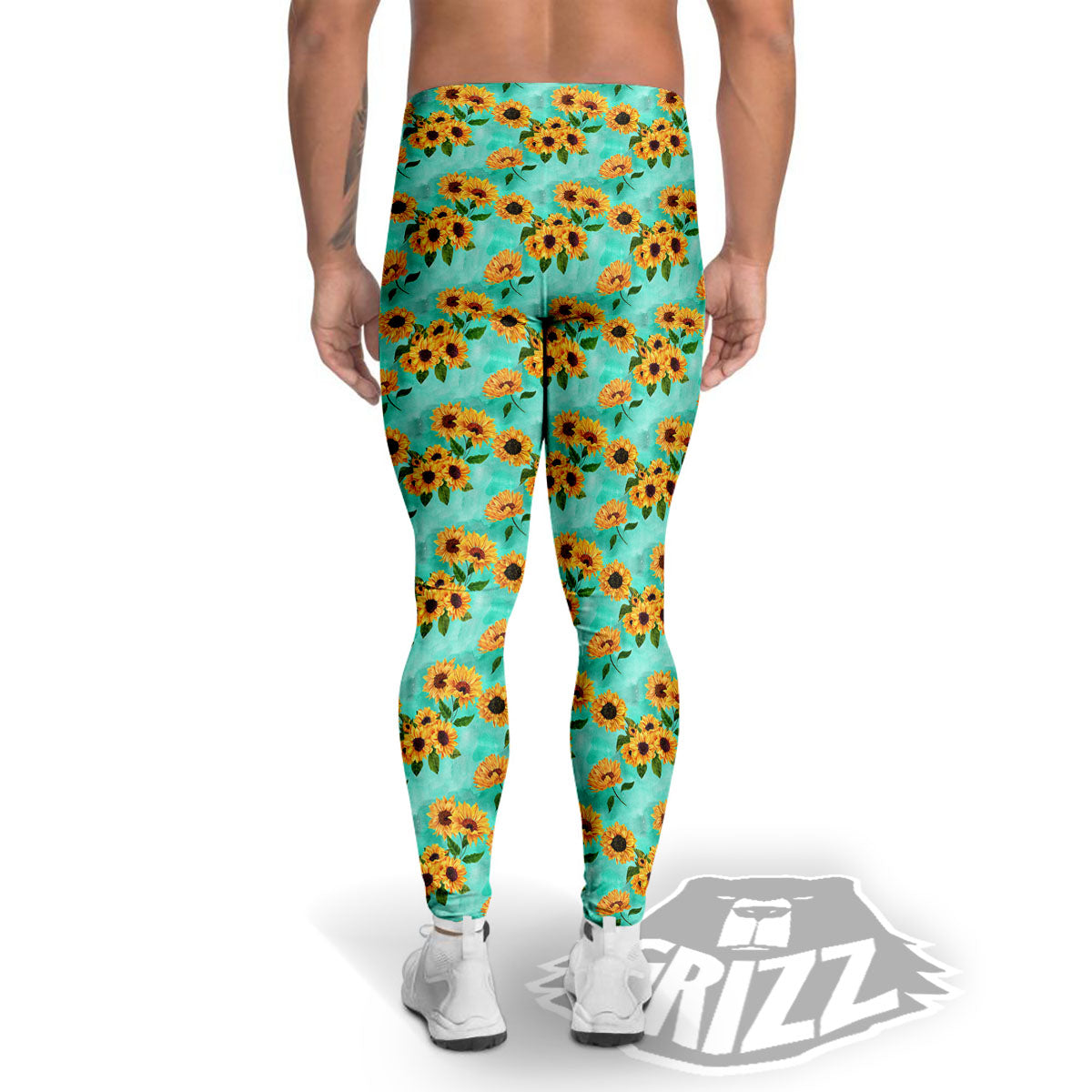 Sunflower Watercolor Blue Print Pattern Men's Leggings-grizzshop