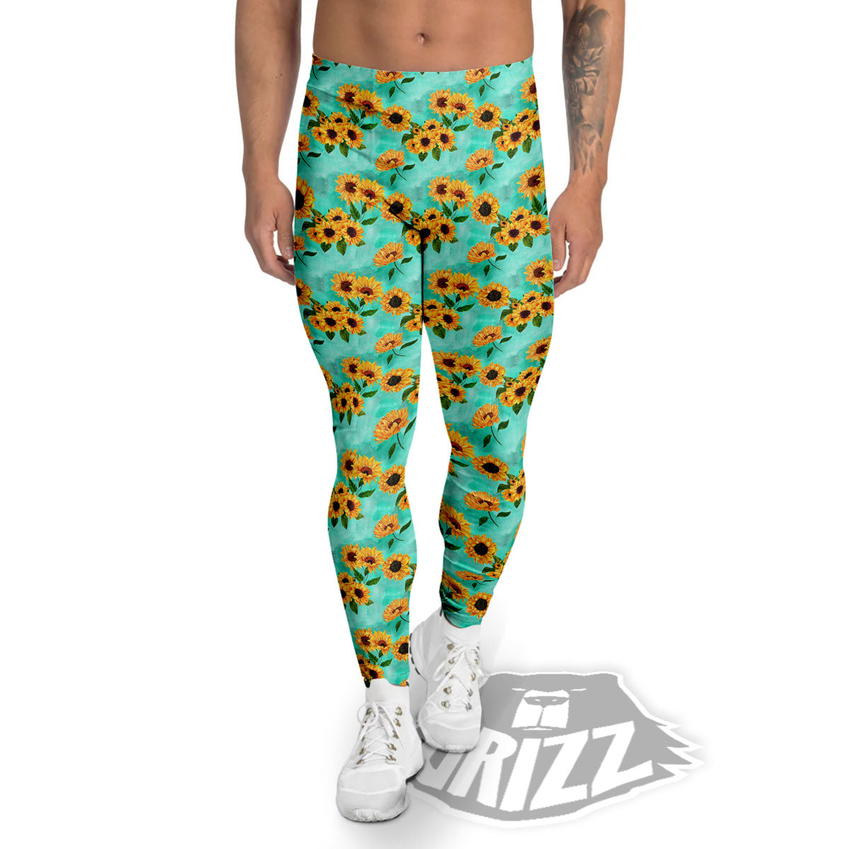 Sunflower Watercolor Blue Print Pattern Men's Leggings-grizzshop