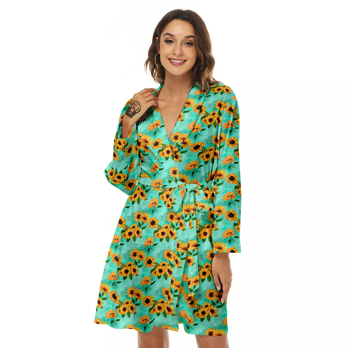 Sunflower Watercolor Blue Print Pattern Women's Robe-grizzshop