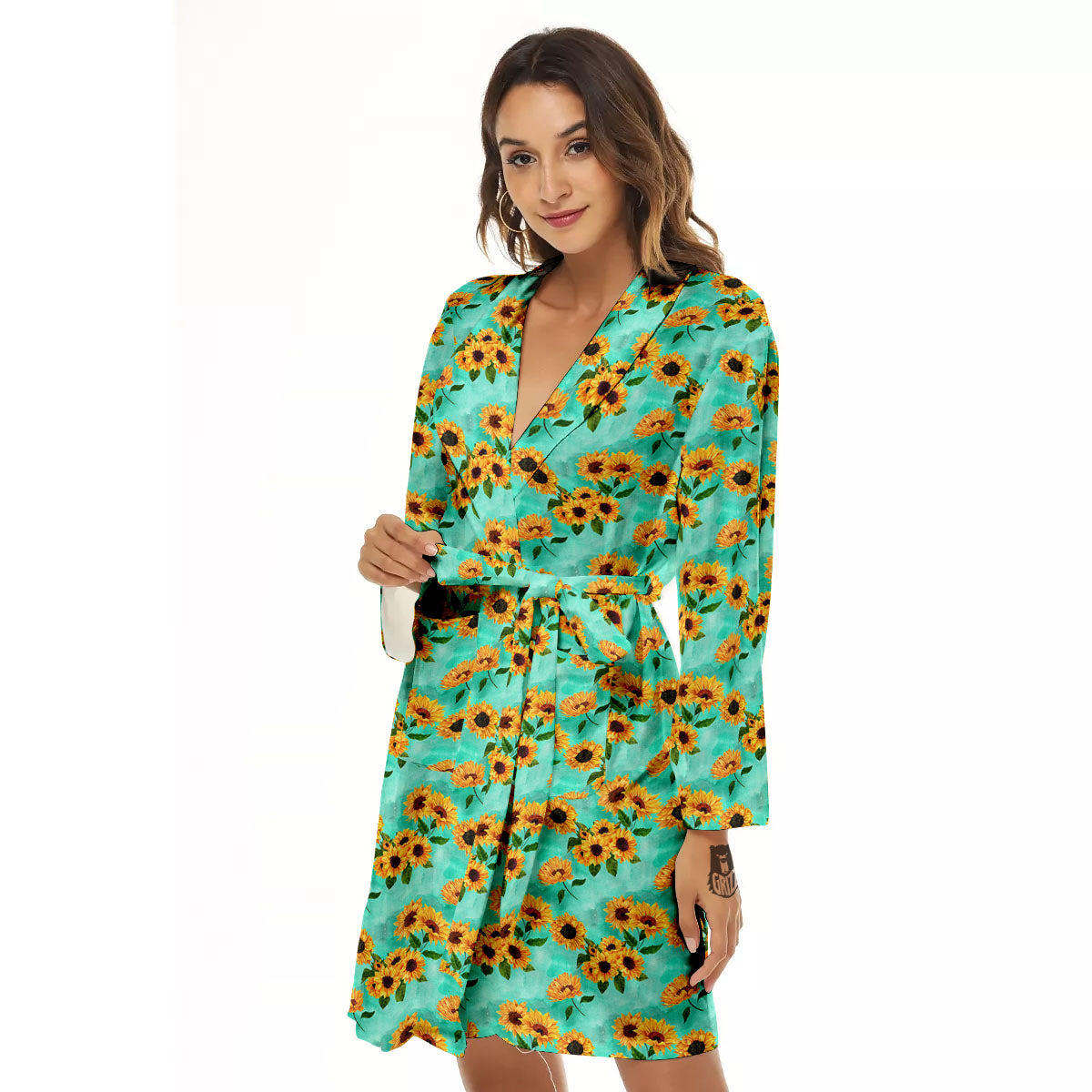 Sunflower Watercolor Blue Print Pattern Women's Robe-grizzshop
