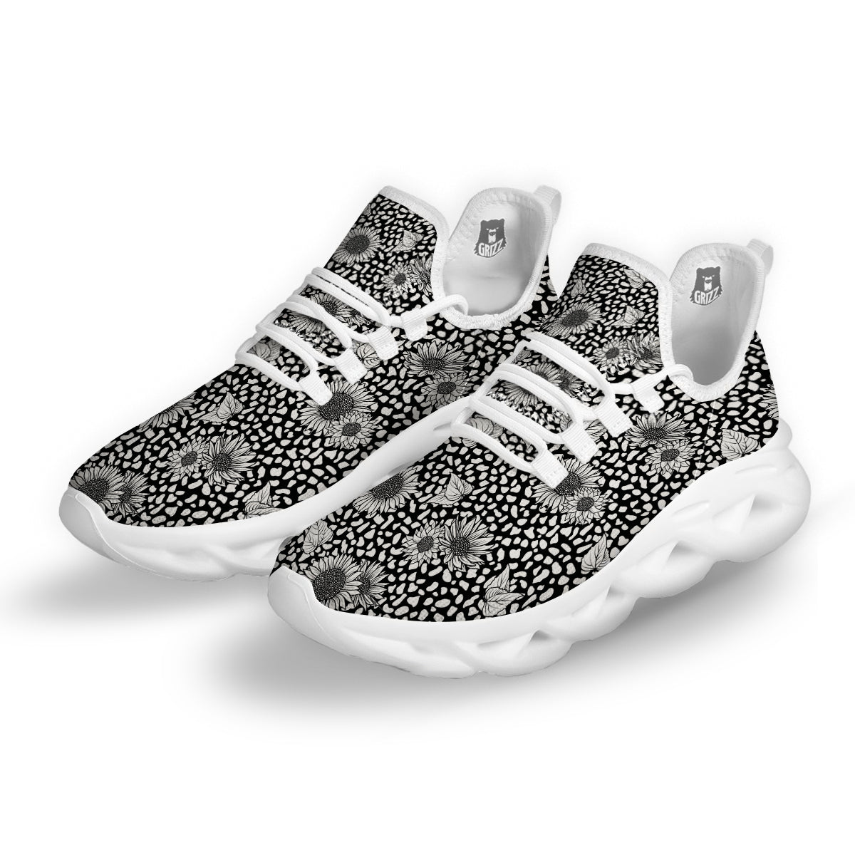 Sunflower White And Black Print Pattern White Running Shoes-grizzshop