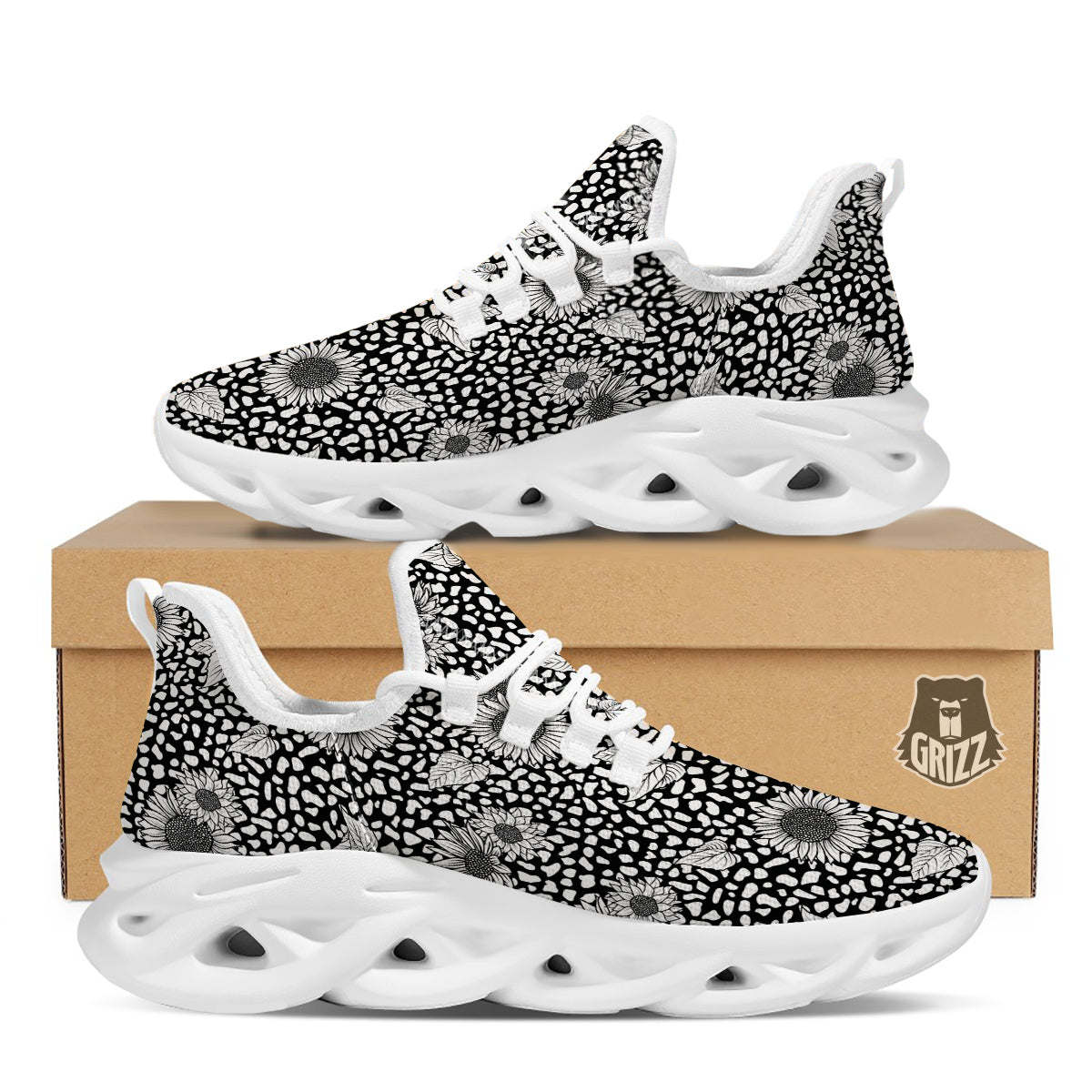 Sunflower White And Black Print Pattern White Running Shoes-grizzshop