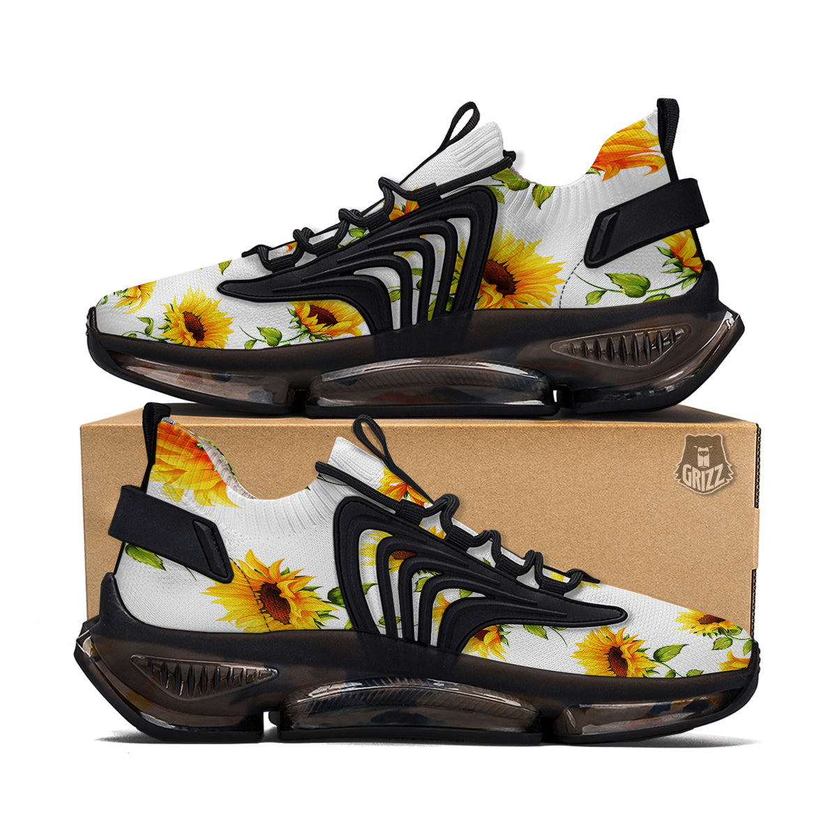 Sunflower White Watercolor Print Pattern Black Gym Shoes-grizzshop