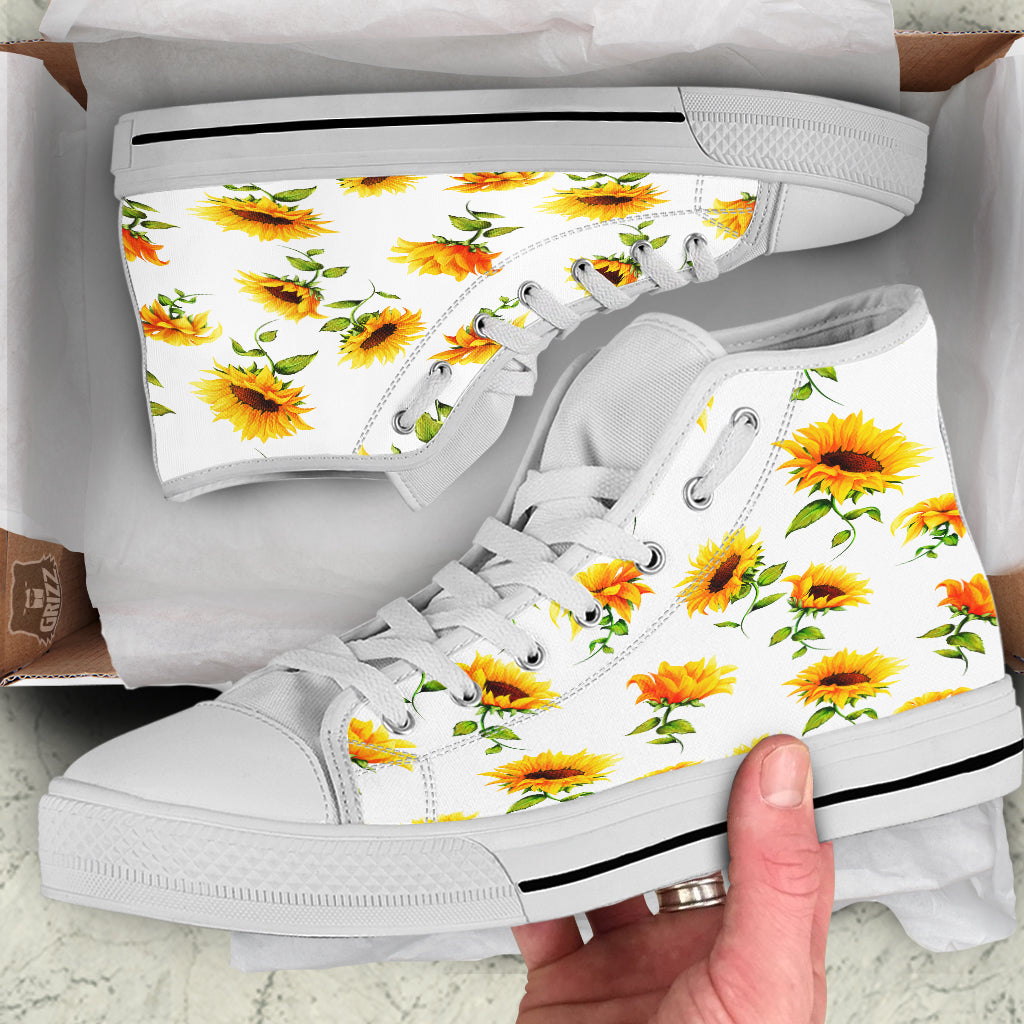 Sunflower White Watercolor Print Pattern White High Top Shoes-grizzshop