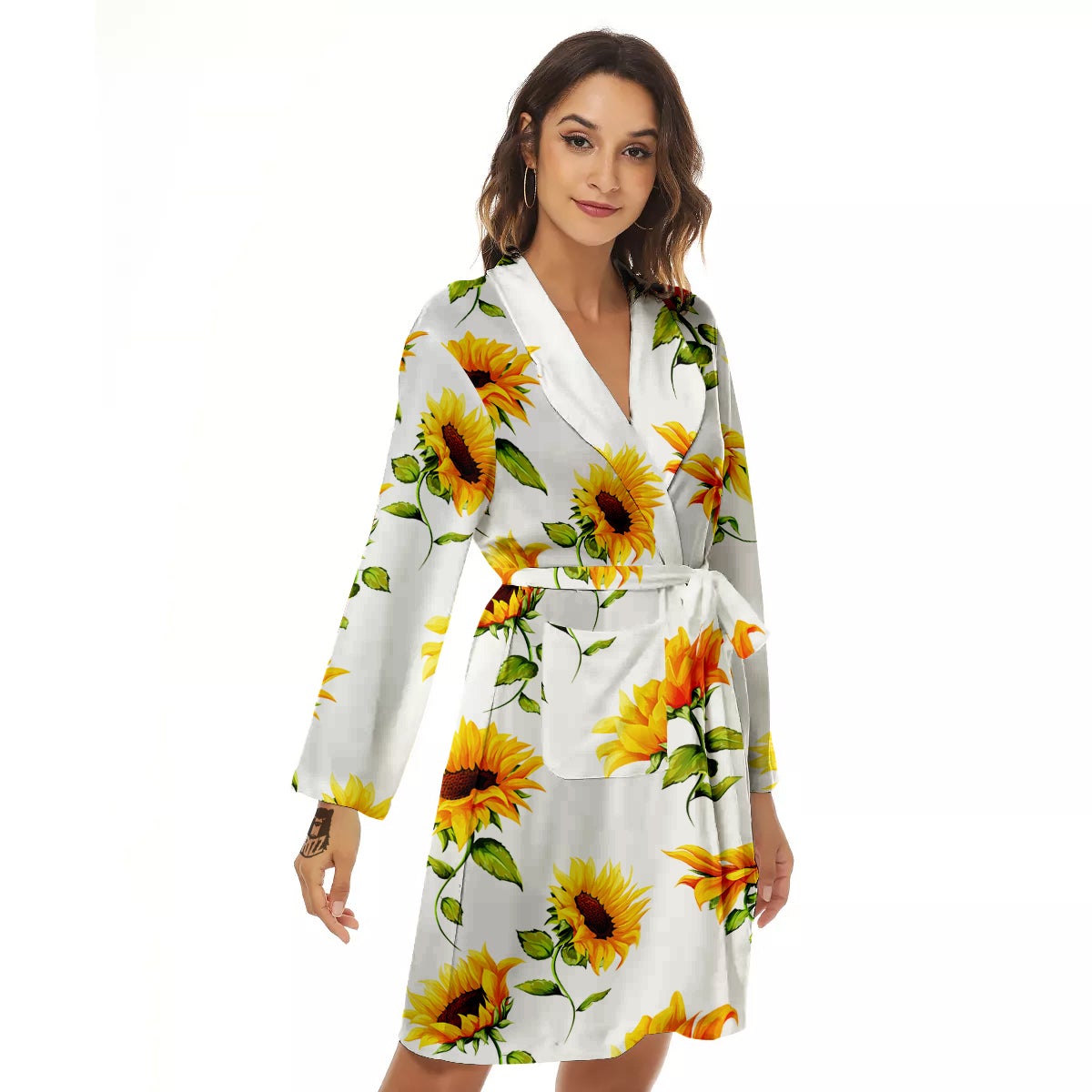 Sunflower White Watercolor Print Pattern Women's Robe-grizzshop