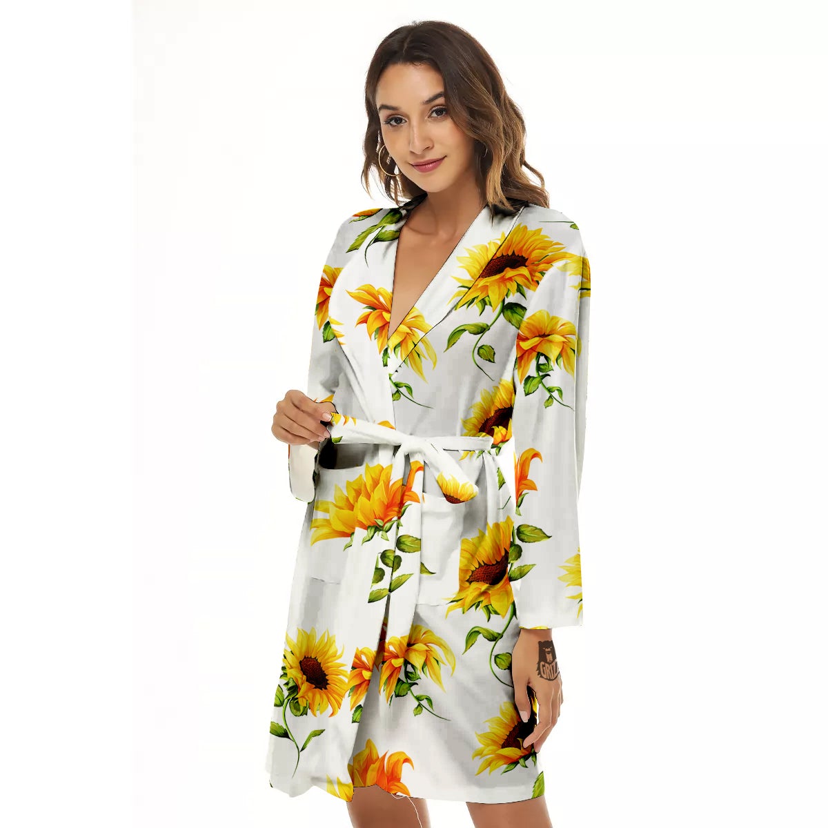 Sunflower White Watercolor Print Pattern Women's Robe-grizzshop