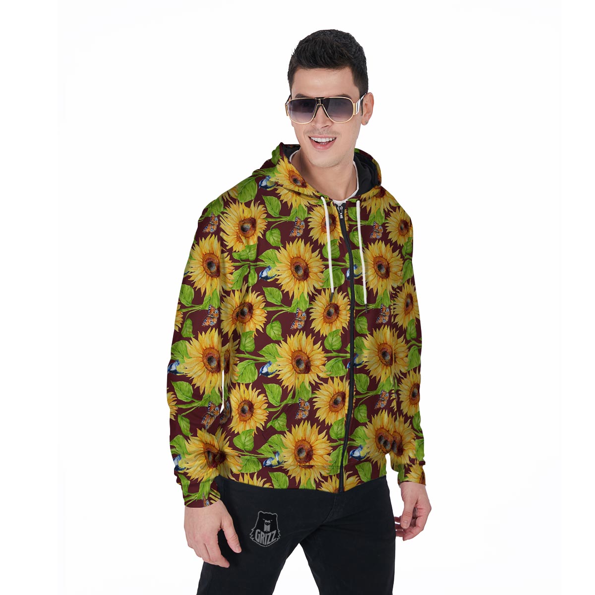 Sunflower With Bird And Butterfly Men's Zip Up Hoodie-grizzshop