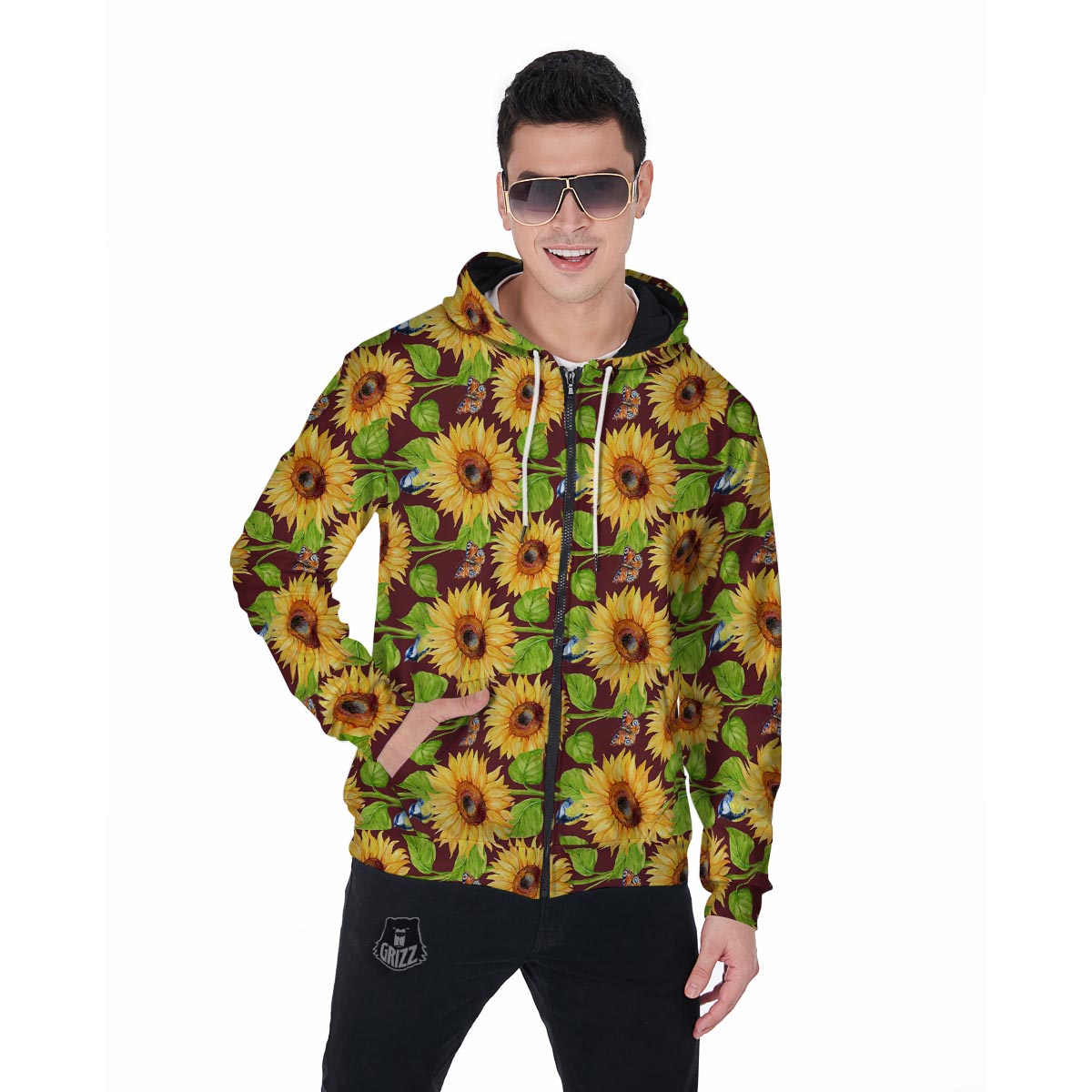 Sunflower With Bird And Butterfly Men's Zip Up Hoodie-grizzshop