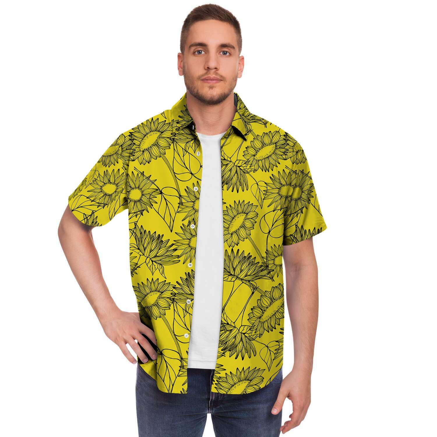 Sunflower Yellow Print Men's Short Sleeve Shirt-grizzshop