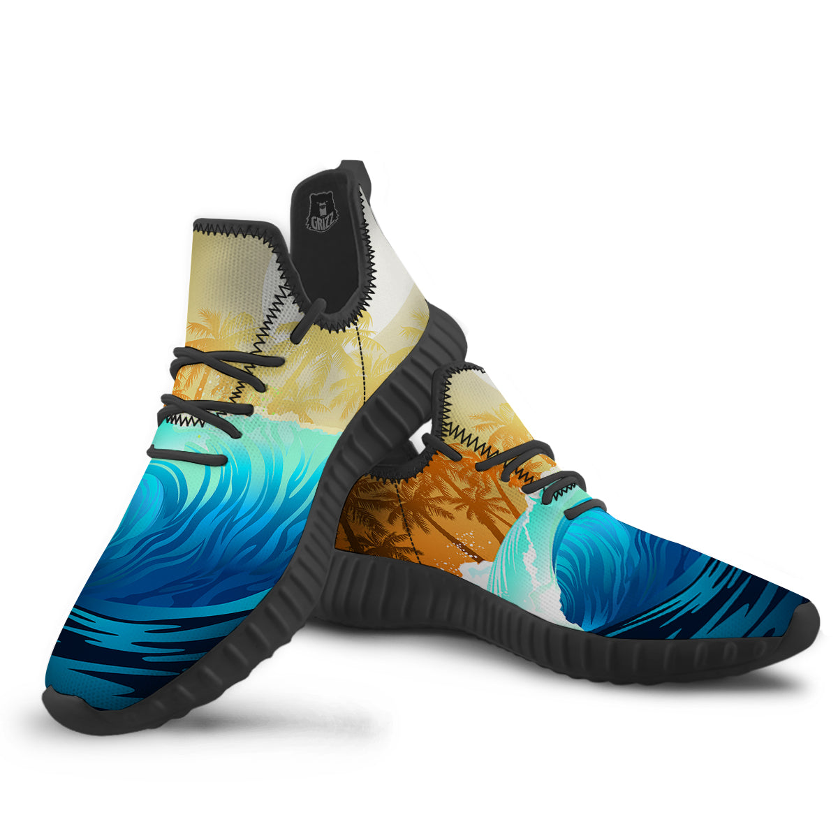 Sunrise Tropical Surfing Wave Print Black Walking Shoes-grizzshop