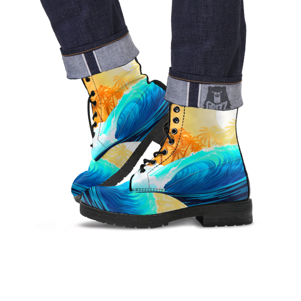 Sunrise Tropical Surfing Wave Print Leather Boots-grizzshop