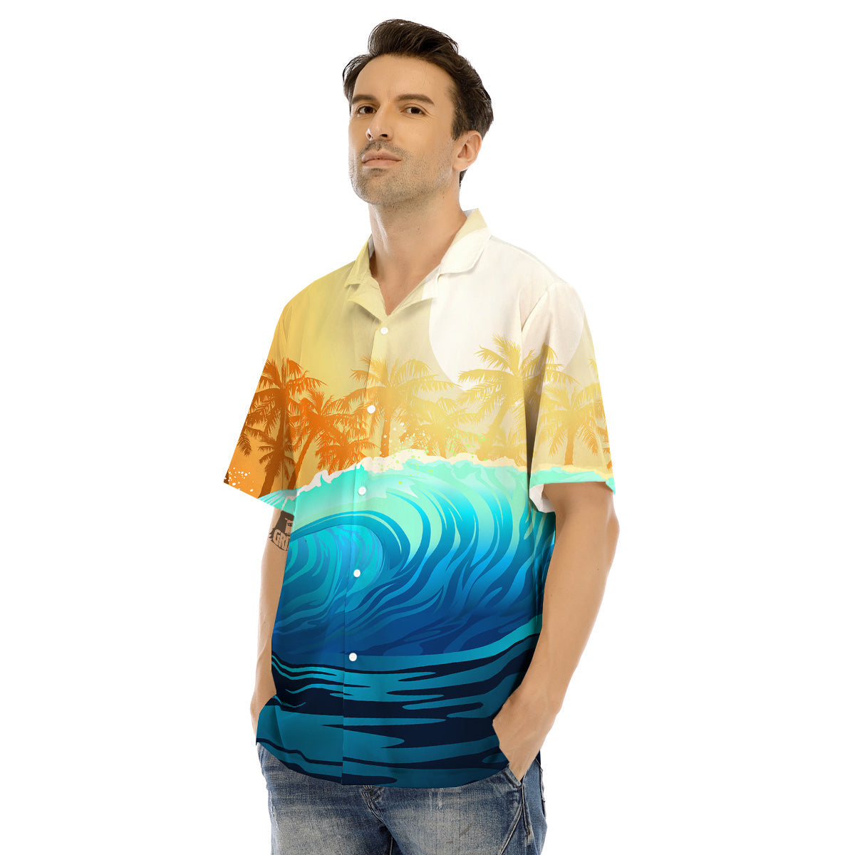 Sunrise Tropical Surfing Wave Print Men's Hawaiian Shirt-grizzshop