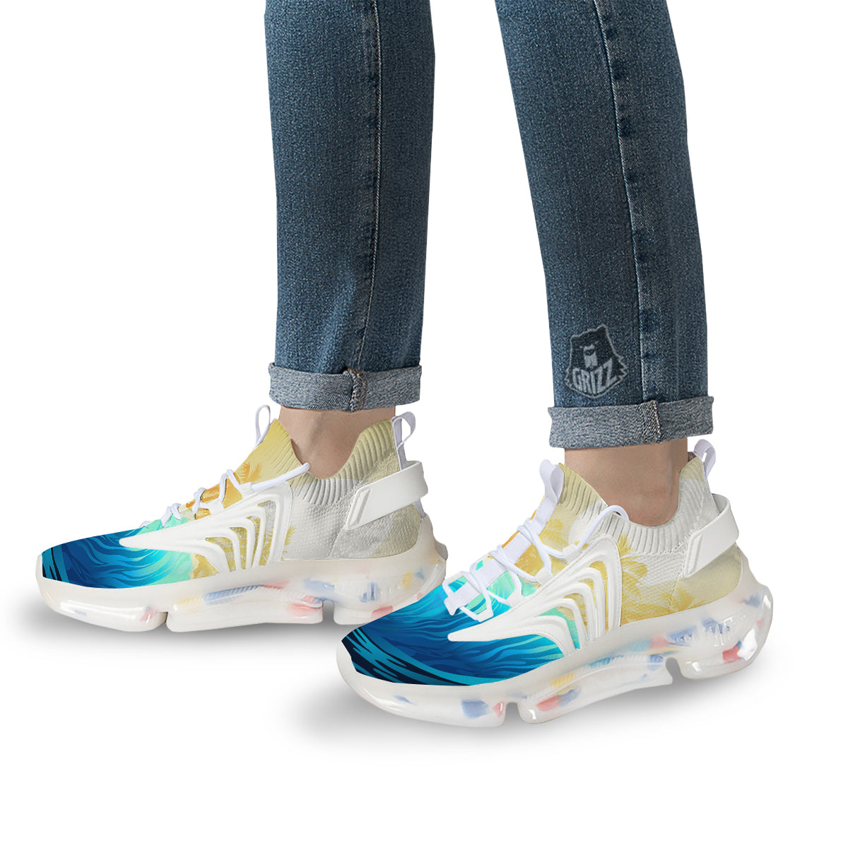 Sunrise Tropical Surfing Wave Print White Gym Shoes-grizzshop