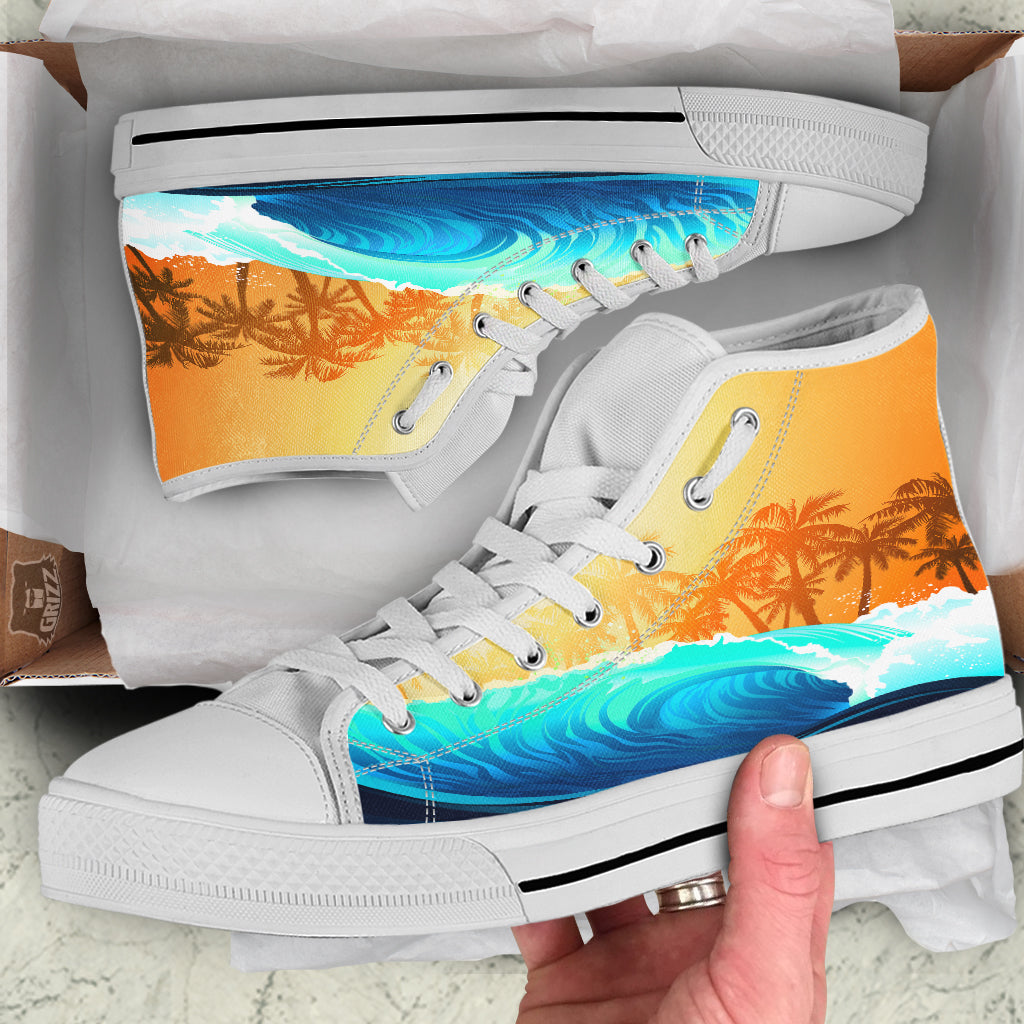 Sunrise Tropical Surfing Wave Print White High Top Shoes-grizzshop