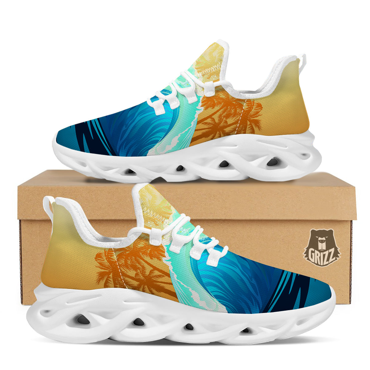 Sunrise Tropical Surfing Wave Print White Running Shoes-grizzshop