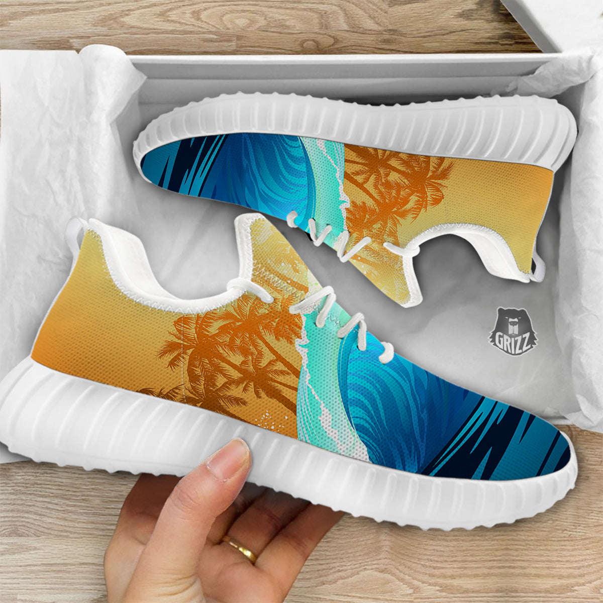 Sunrise Tropical Surfing Wave Print White Walking Shoes-grizzshop