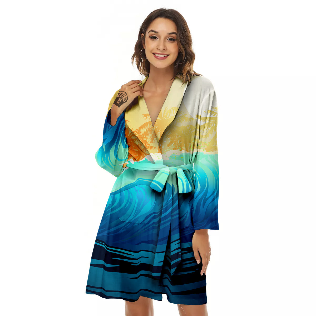 Sunrise Tropical Surfing Wave Print Women's Robe-grizzshop
