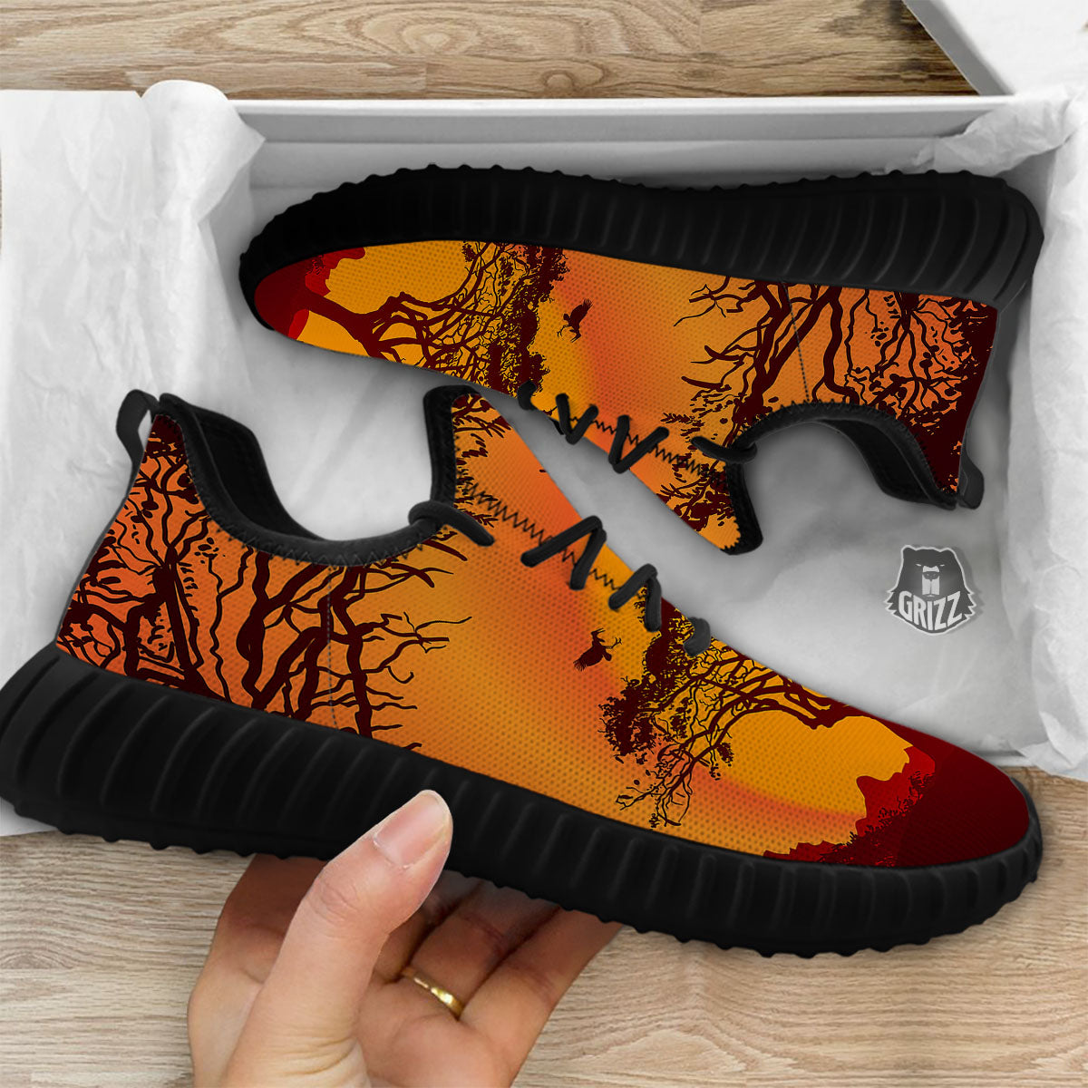 Sunset African Savanna Print Black Walking Shoes-grizzshop