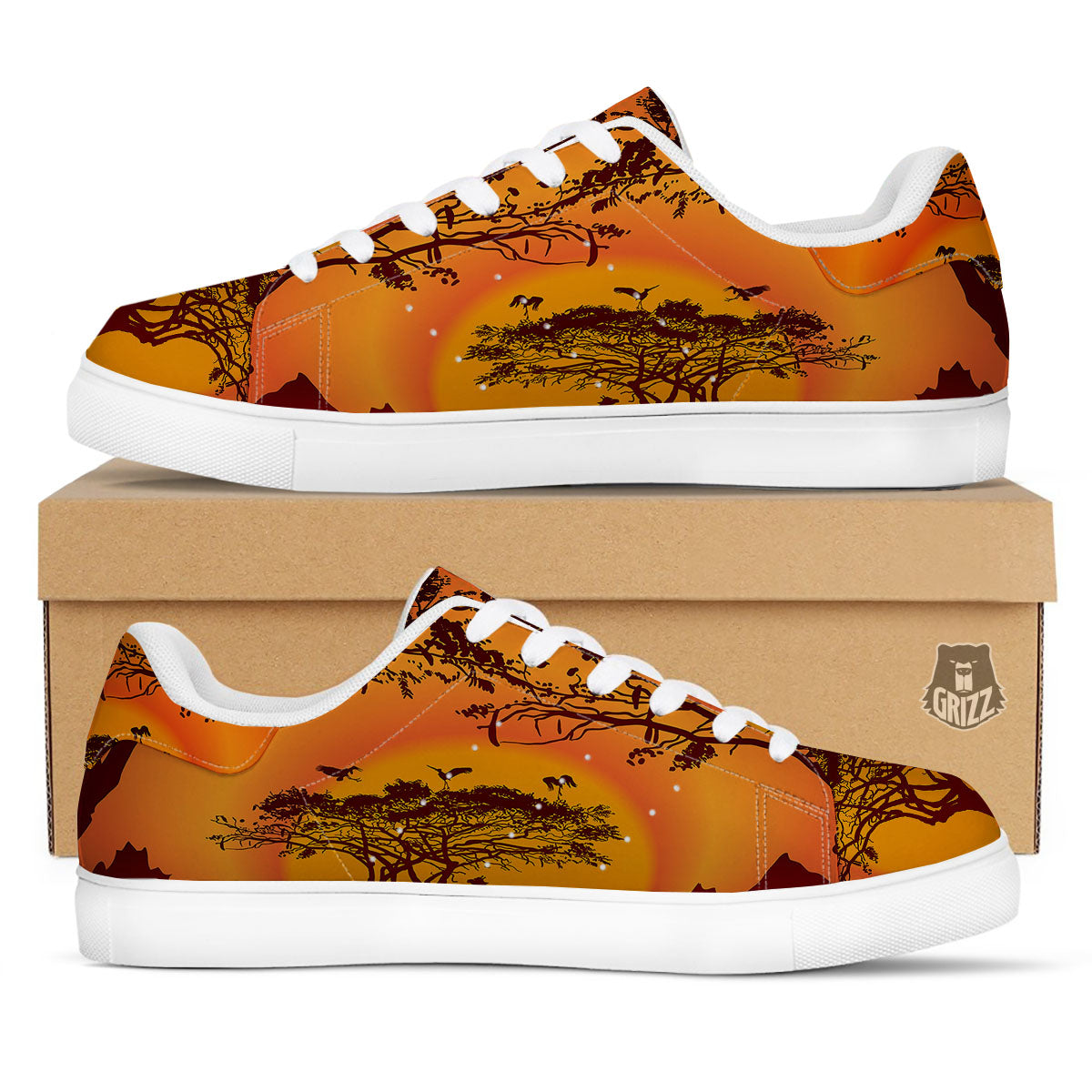 Sunset African Savanna Print White Low Top Sneakers-grizzshop