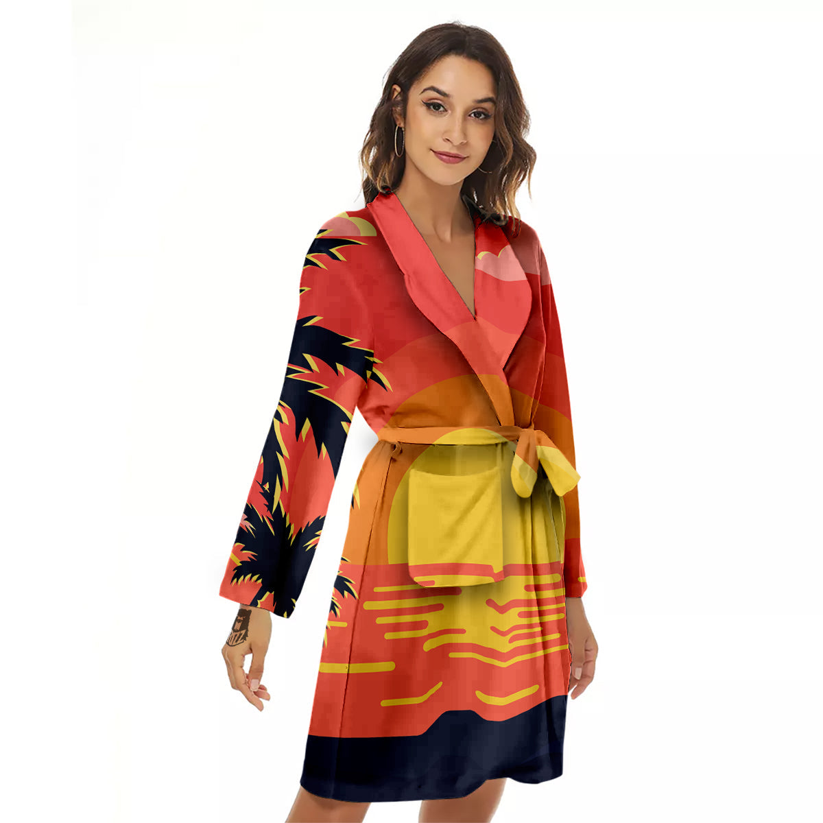 Sunset And Beach Pink Sky Print Women's Robe-grizzshop
